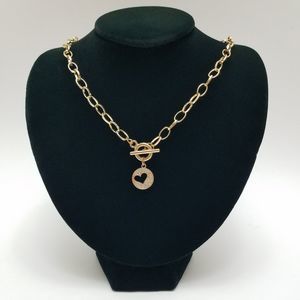 Y2K Gold Tone Chunky Chain Necklace T Bar Toggle Rhinestone Heart Charm